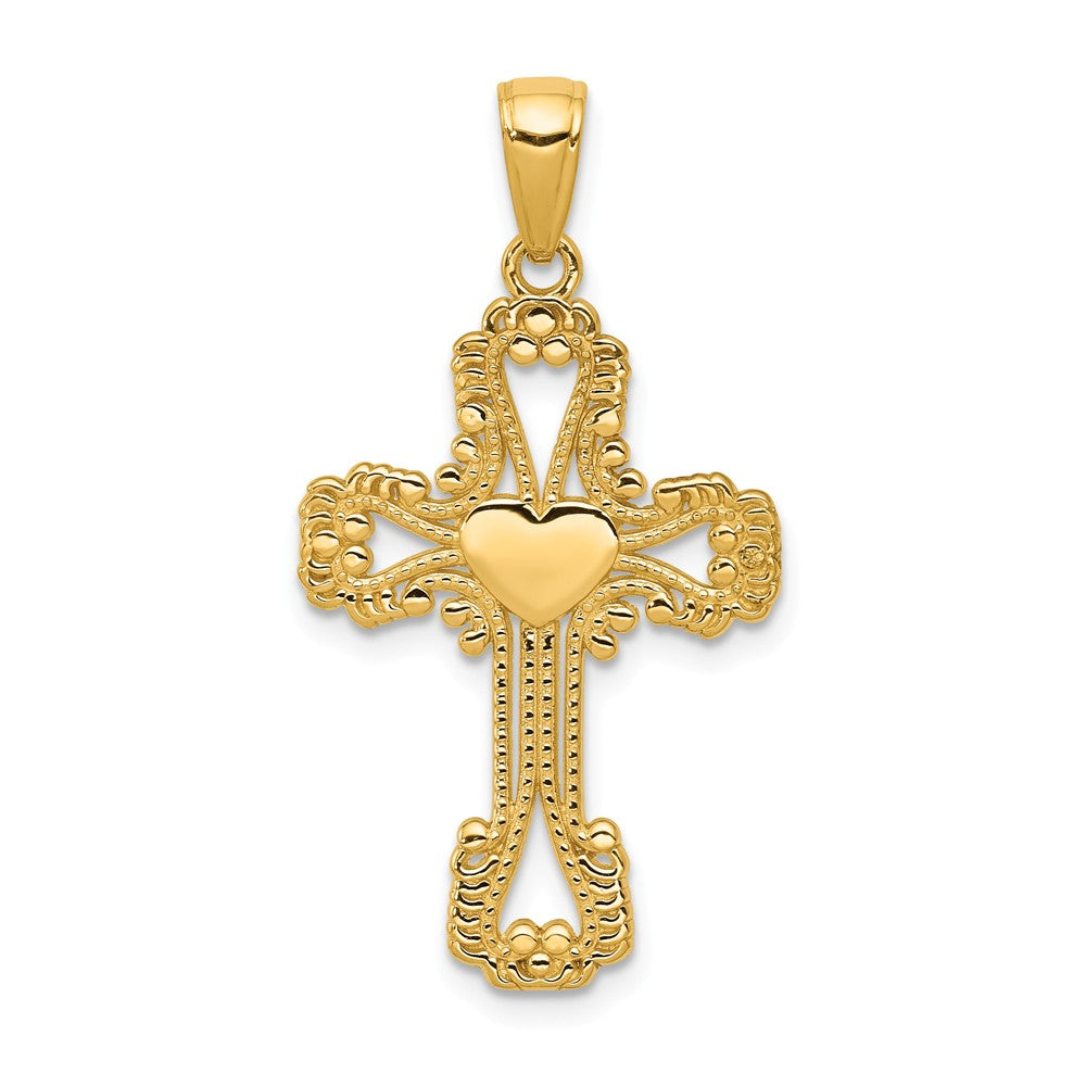 Polished,14K Yellow Gold,Textured,Heart,Beaded