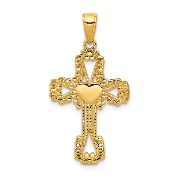 Polished,14K Yellow Gold,Textured,Heart,Beaded