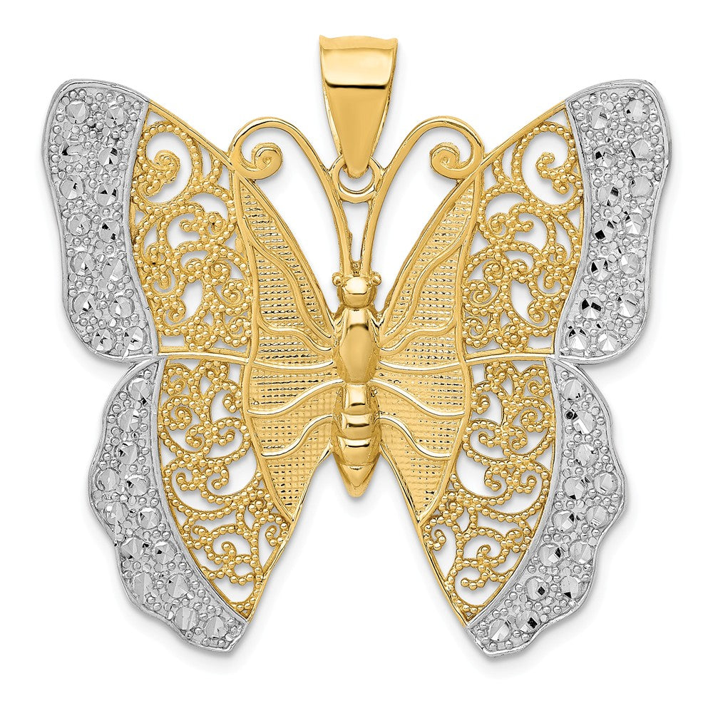 Solid,Diamond Cut,Polished,14K Yellow Gold & Rhodium,Filigree,Textured