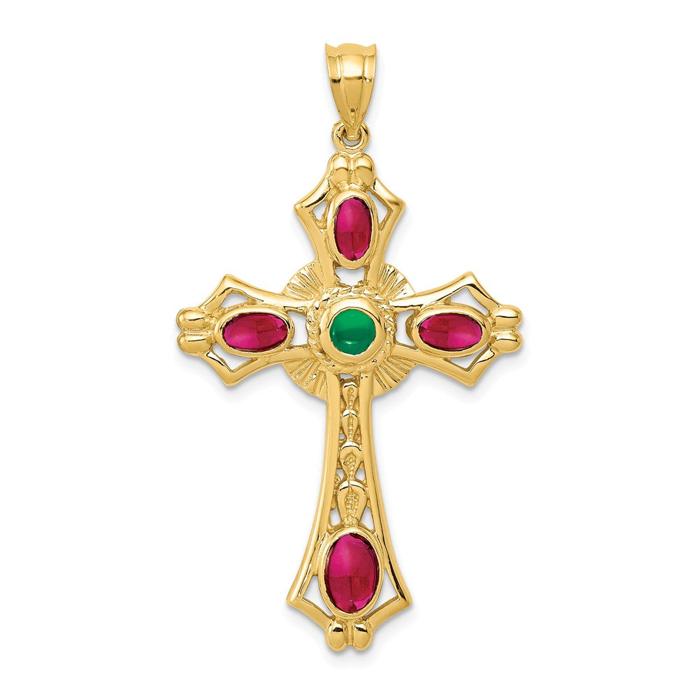 Solid,Casted,Polished,14K Yellow Gold,Genuine,Emerald,Ruby,Cabochon