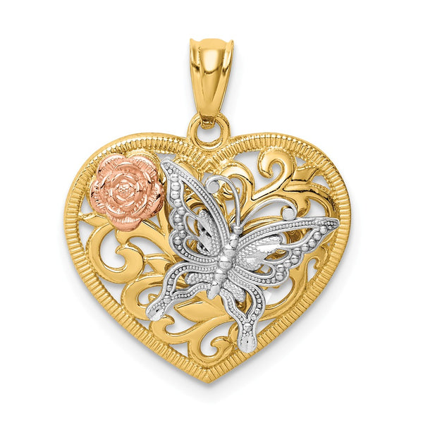 Diamond Cut,Polished,14K Tri-Color,Filigree,Rhodium,Textured