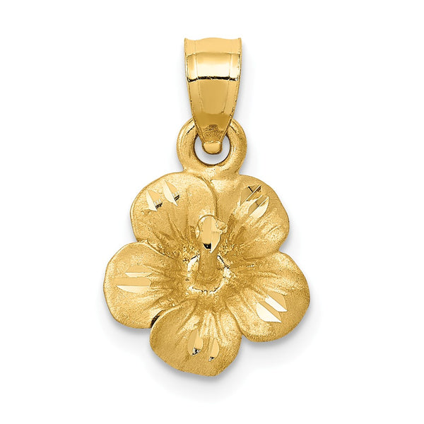 14K Yellow Gold Satin Diamond Cut Hibiscus Flower Pendant