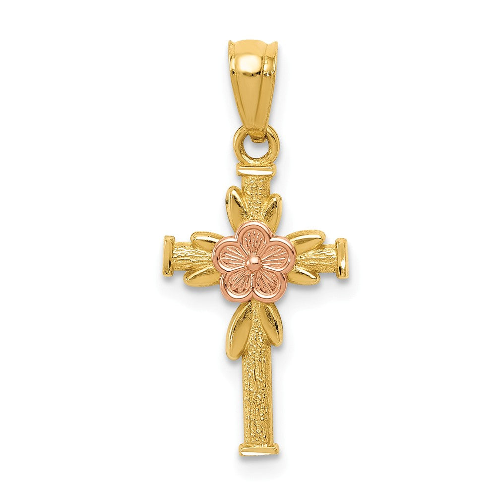 14K Yellow Gold Yellow & Rose Polished Diamond Cut Cross With Flower Pendant