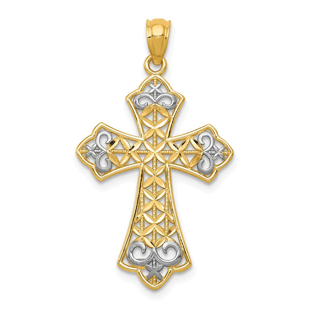 14K Yellow Gold With Rhodium Polished Diamond Cut Filigree Cross Pendant