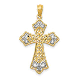 14K Yellow Gold With Rhodium Polished Diamond Cut Filigree Cross Pendant