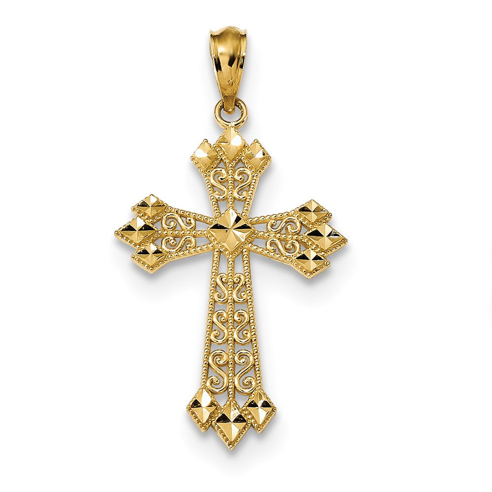 14K Yellow Gold Diamond Cut Polished Filigree Cross Pendant