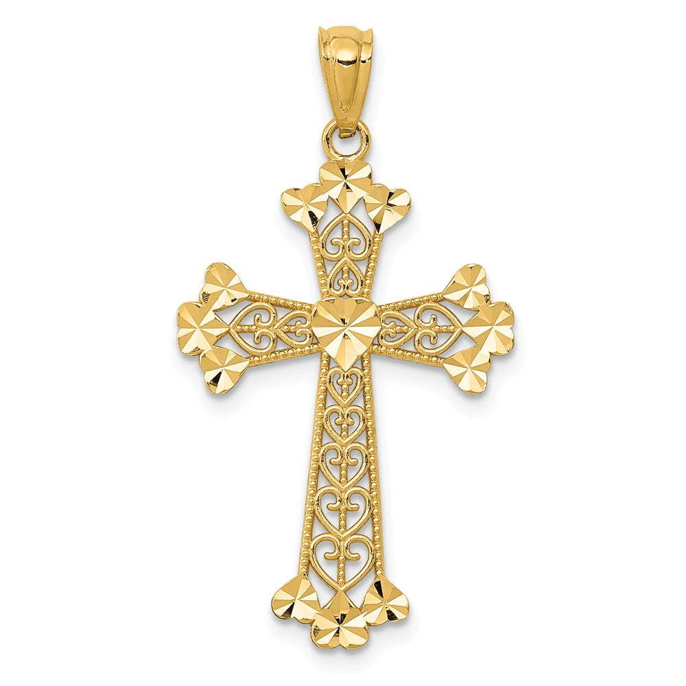 14K Yellow Gold Diamond Cut Polished Filigree Hearts Cross Pendant
