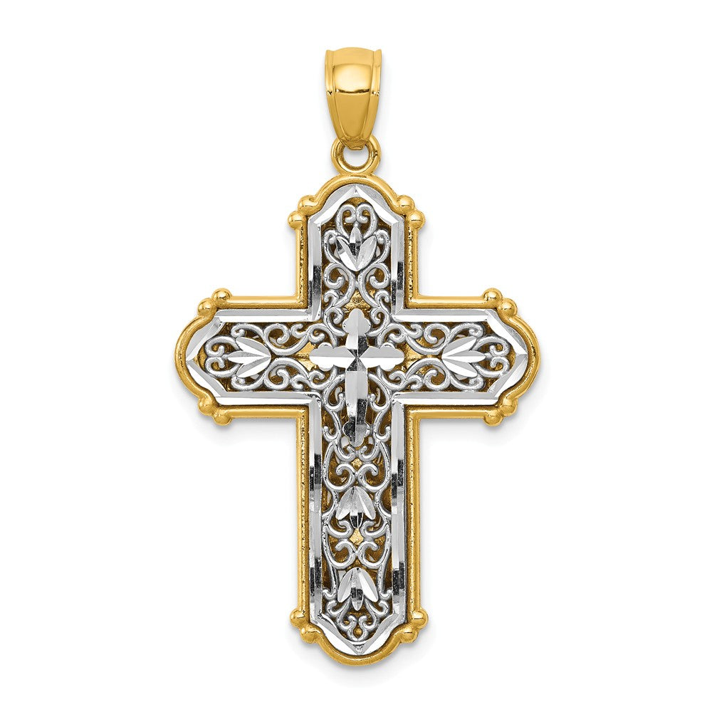 14K Yellow Gold With Rhodium Reversible Diamond Cut Filigree Cross Pendant
