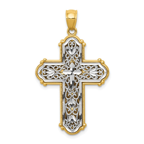 14K Yellow Gold With Rhodium Reversible Diamond Cut Filigree Cross Pendant