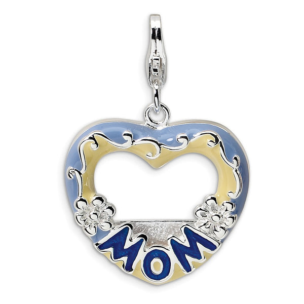Polished,Sterling Silver,Fancy Lobster Clasp,Picture Frame,Rhodium-Plated,Blue Enamel