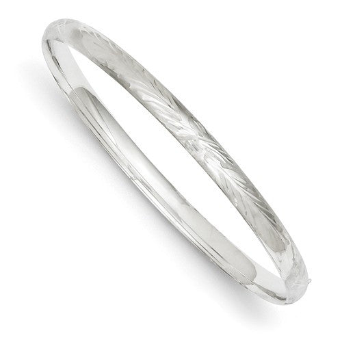 Bracelets,Bangle,Gold,White,14K,4 mm,Polished & Brushed,Rhodium,7 in,4 mm,Hinged,Diamond-cut,Safety Bar,Bangle Bracelets