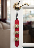 3 gold red leather sleigh bells