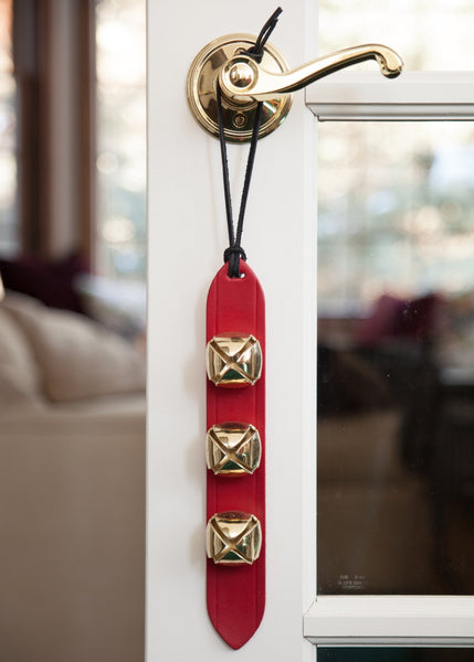 3 gold red leather sleigh bells