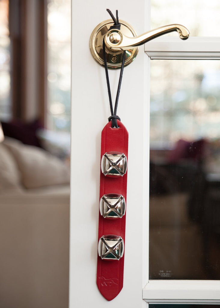 3 silver red leather sleigh bells