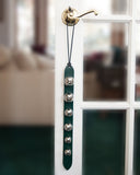 6 silver green leather sleigh bells