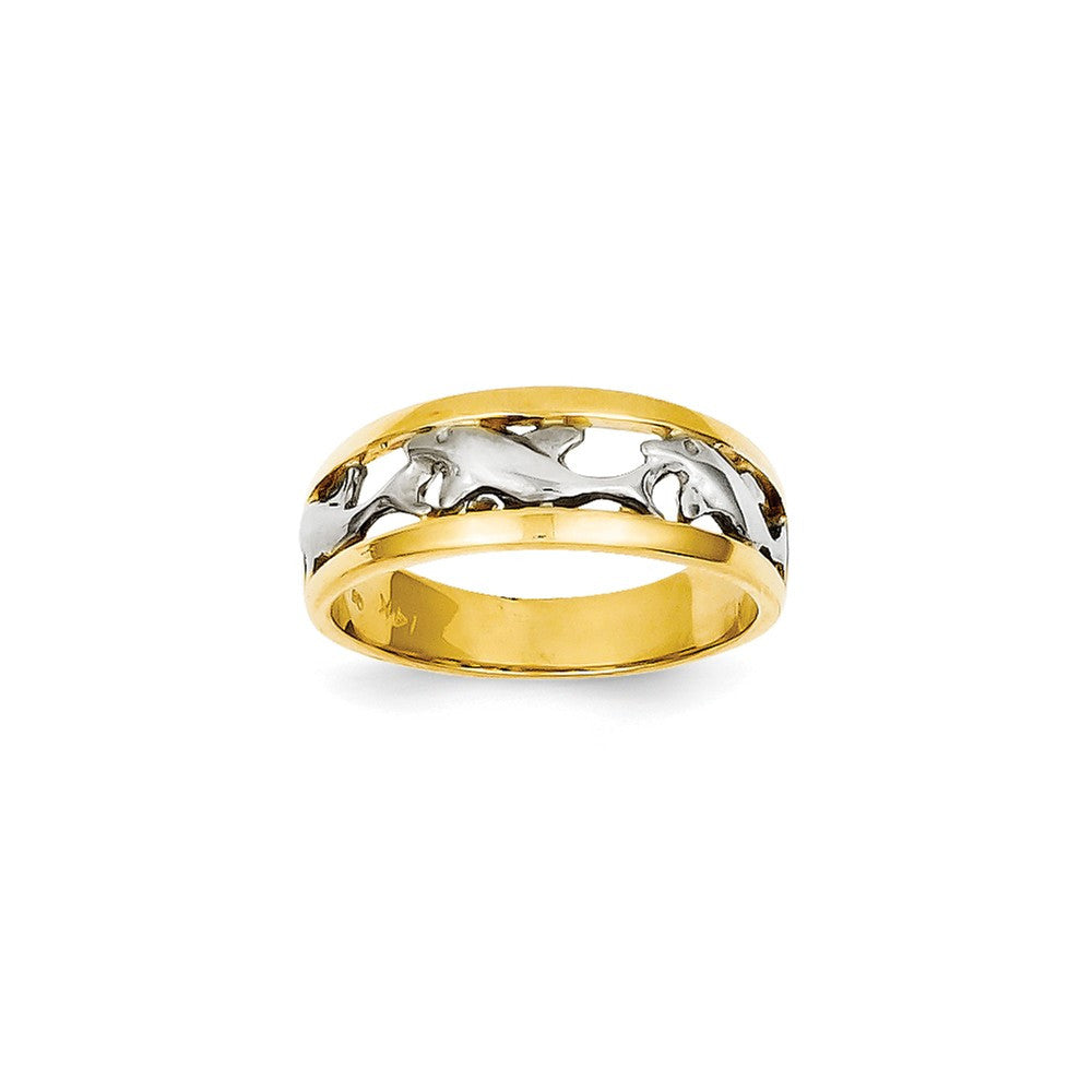 14K Two-Tone Yellow Gold and Rhodium Polished Dophin Infinity Ring