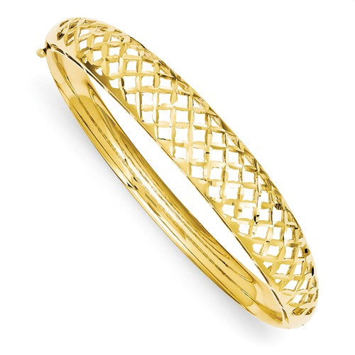 Bracelets,Bangle,Gold,Yellow,14K,12.5 mm,Polished,12.5 mm,Hinged,Diamond-cut,Safety Bar,Above $600