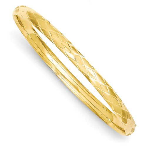 Bracelets,Bangle,Gold,Yellow,14K,6 mm,Polished & Brushed,6 mm,Fold Over Catch,Hinged,Semi-Solid,Between $400-$600