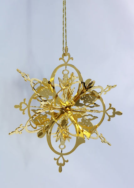 3D Sparkling 24K Gold finish over brass Christmas Ornament. Angel Design. Beautifully decorated and boxed.