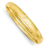 Bracelets,Bangle,Gold,Yellow,14K,7 mm,Brushed,7 in,7 mm,Hinged,Diamond-cut,Safety Bar,Bangle Bracelets
