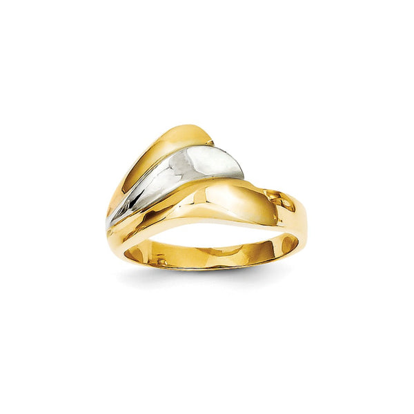 14K Yellow Gold and Rhodium Diamond-cut Wave Ring