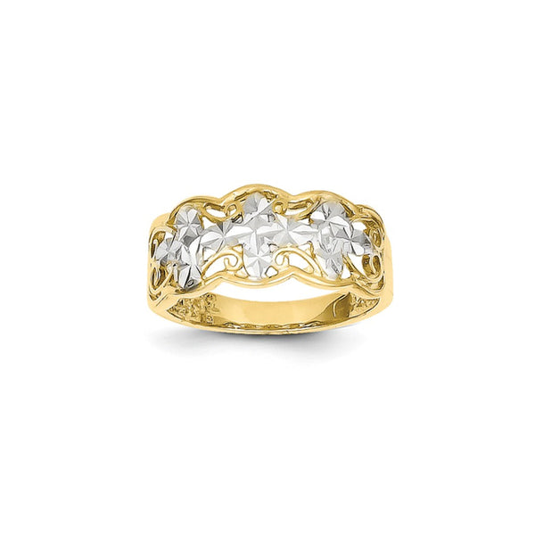 14k Yellow Gold and Rhodium Diamond-cut Wave Ring