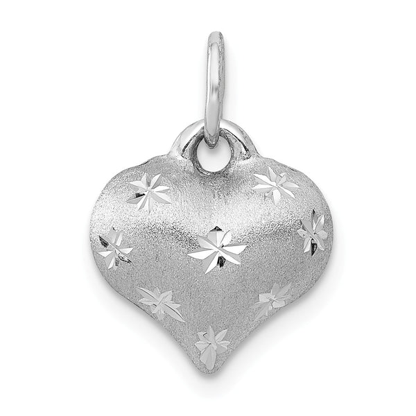 14K White Gold Satin & Diamond Cut Puffed Heart Pendant