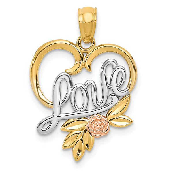 14K Yellow Gold Yellow & Rose With Rhodium Diamond Cut Love in Heart With Rose Pendant