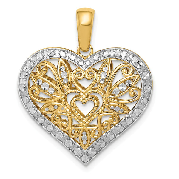 14K Yellow Gold With Rhodium Polished Diamond Cut Filigree Heart Pendant