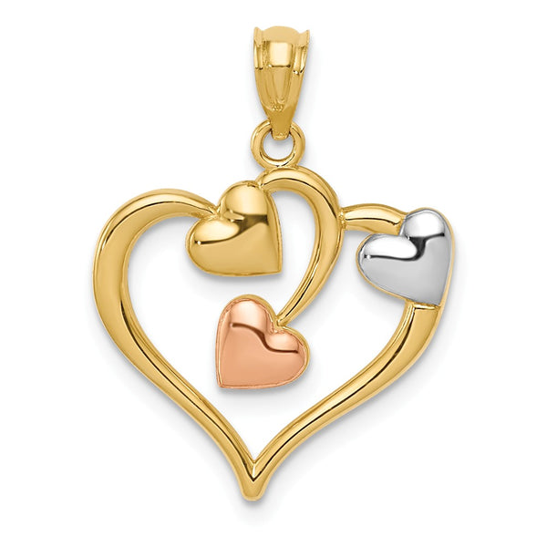 14K Yellow Gold Yellow & Rose With Rhodium Polished Three Hearts Pendant