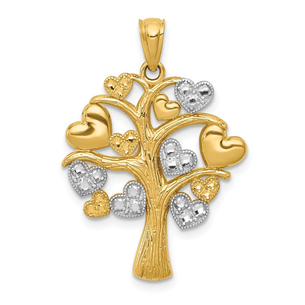 14K Yellow Gold With Rhodium Tree Of Life With Hearts Pendant