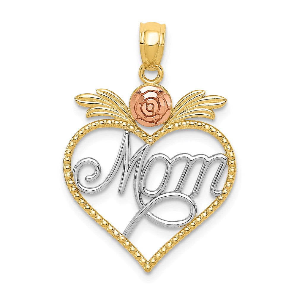 14K Yellow Gold Yellow & Rose With Rhodium Mom in Heart With Rose Pendant