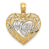 14K Yellow Gold With Rhodium Diamond Cut Mom in Heart Charm