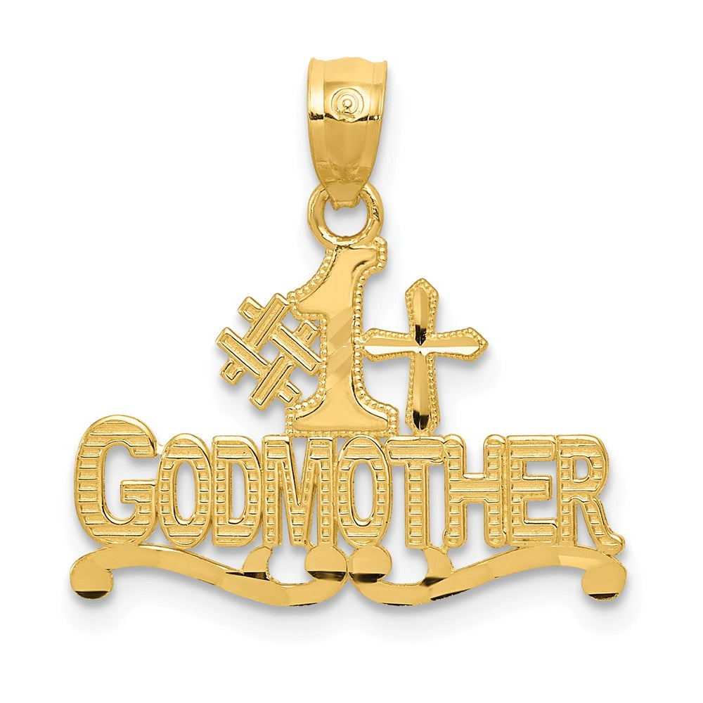14K Yellow Gold Diamond Cut #1 Godmother With Cross Pendant
