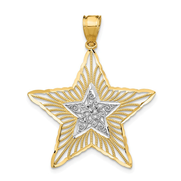 14K Yellow Gold With Rhodium Diamond Cut Filigree Star Pendant