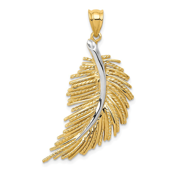 14K Yellow Gold With White Rhodium Polished Feather Pendant