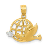 14K Yellow Gold & Rhodium Polished Dove & Globe Pendant