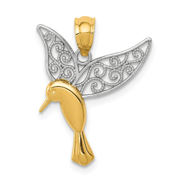 14K Yellow Gold & Rhodium Polished Hummingbird Filigree Wings Pendant