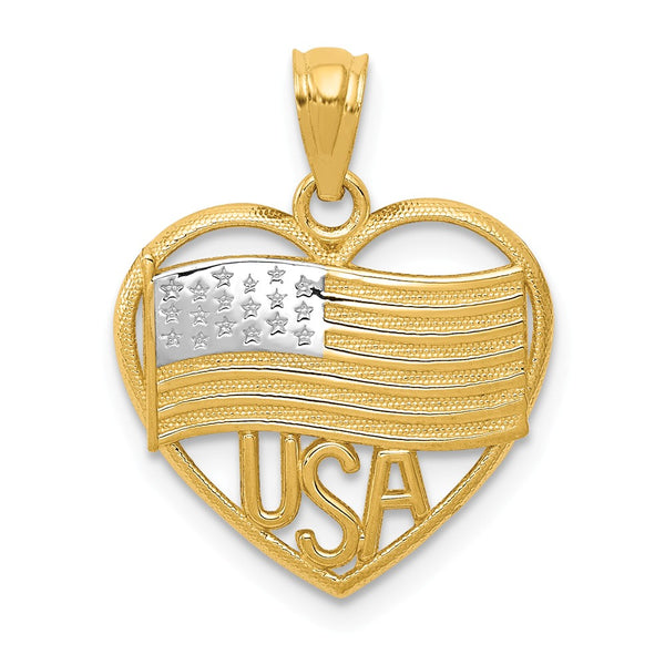 14K Yellow Gold With Rhodium Polished American Flag & USA in Heart Pendant
