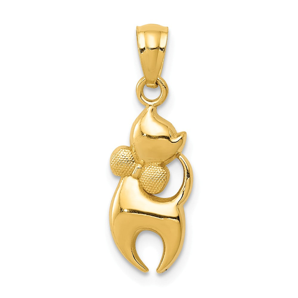 14K Yellow Gold Polished Cat With Satin Bow Pendant