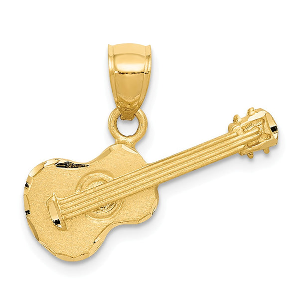 14K Yellow Gold Satin Diamond Cut Acoustic Guitar Pendant