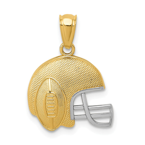 14K Yellow Gold With Rhodium Satin & Polished Football On Helmet Pendant