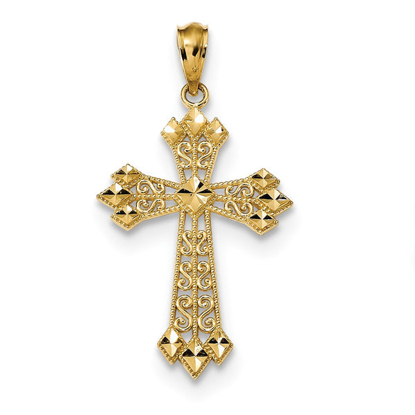 14K Yellow Gold Diamond Cut Polished Filigree Cross Pendant