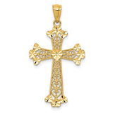 14K Yellow Gold Diamond Cut Polished Filigree Hearts Cross Pendant