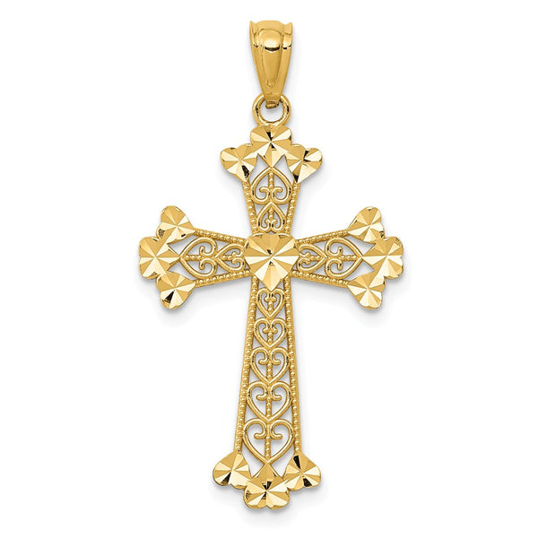 14K Yellow Gold Diamond Cut Polished Filigree Hearts Cross Pendant