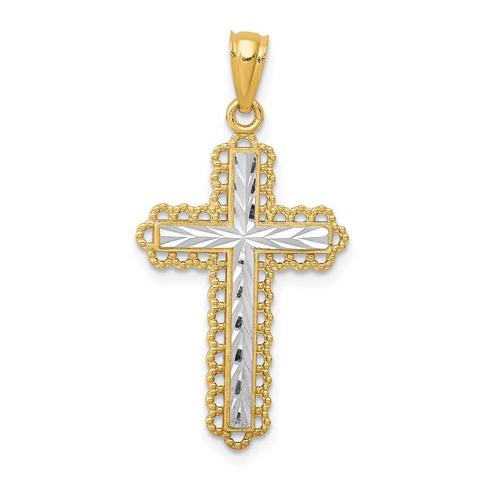 14K Yellow Gold With Rhodium Diamond Cut Budded Cross Pendant