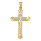 14K Yellow Gold White Rhodium With Yellow Polished Diamond Cut Dove Cross Pendant