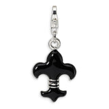 Polished,Sterling Silver,Fancy Lobster Clasp,Rhodium-Plated,Black Enamel,Fleur De Lis