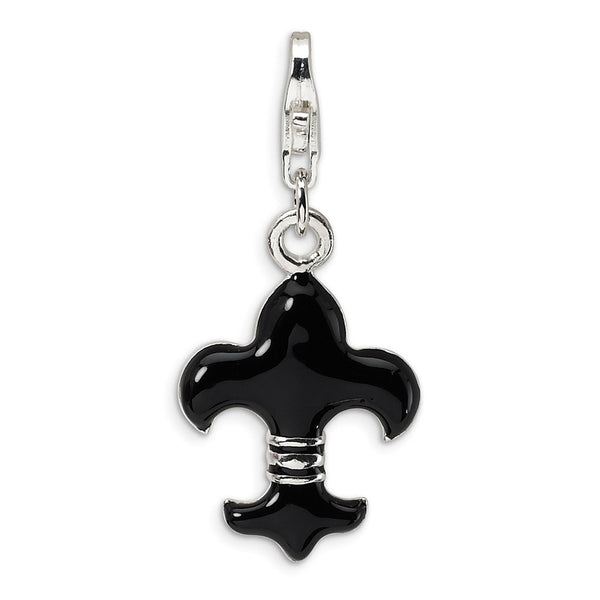 Polished,Sterling Silver,Fancy Lobster Clasp,Rhodium-Plated,Black Enamel,Fleur De Lis