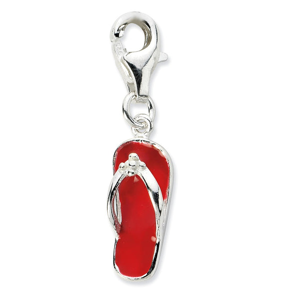 Polished,3-D,Sterling Silver,Fancy Lobster Clasp,Rhodium-Plated,Red Enamel